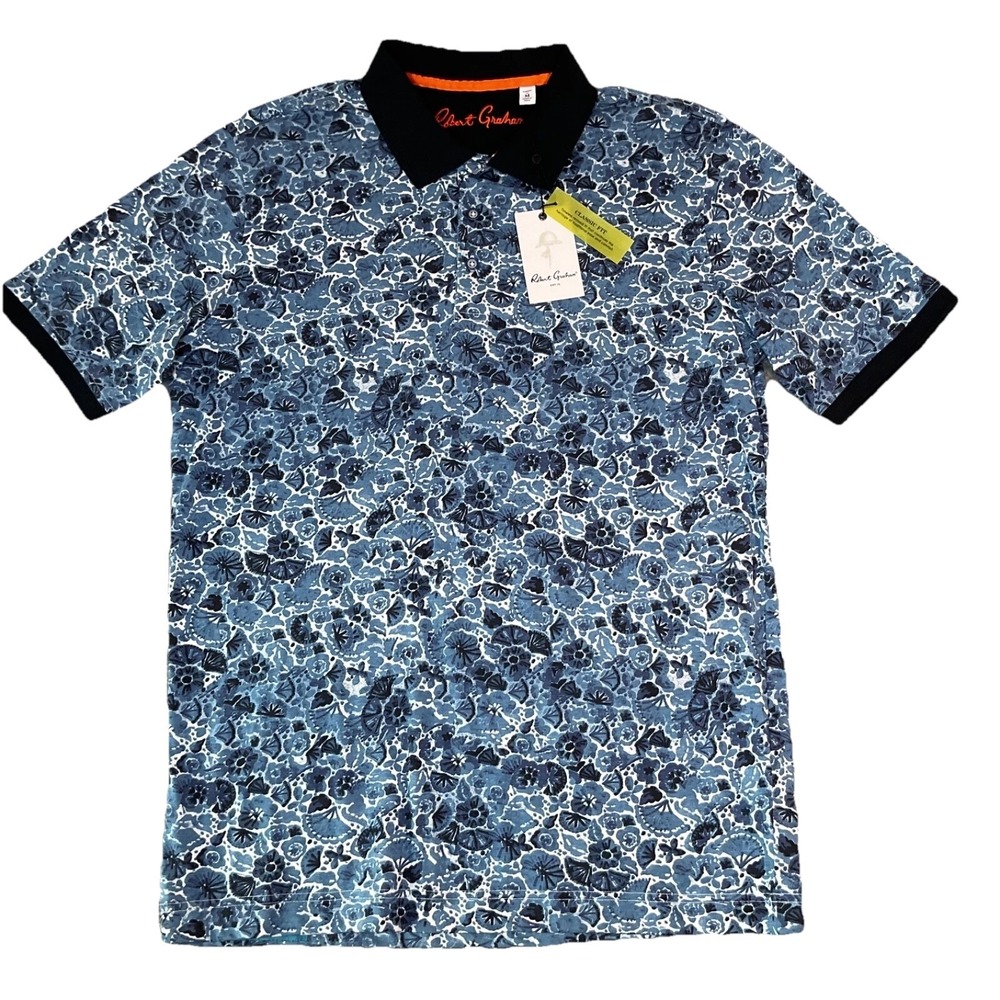 Robert Graham Polo Shirt Men M Blue Classic Fit Floral Short Sleeve Cotton Amaro